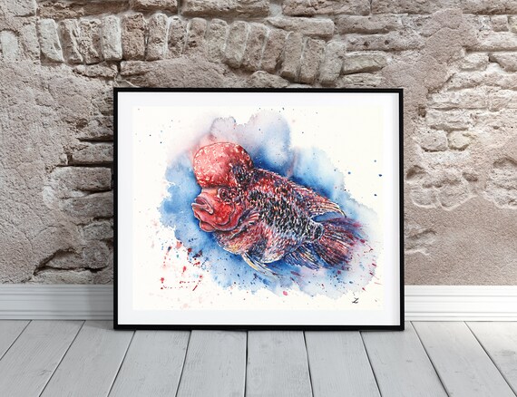 フラワーホーン魚のアートプリント 赤い魚の絵画 良い風水アート