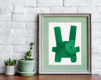 Abstract Jade Green Rabbit Original Watercolor Painting Chinese Zodiac Lunar New Year of the Rabbit Cute Valentine's Day Gift Whimsical Art