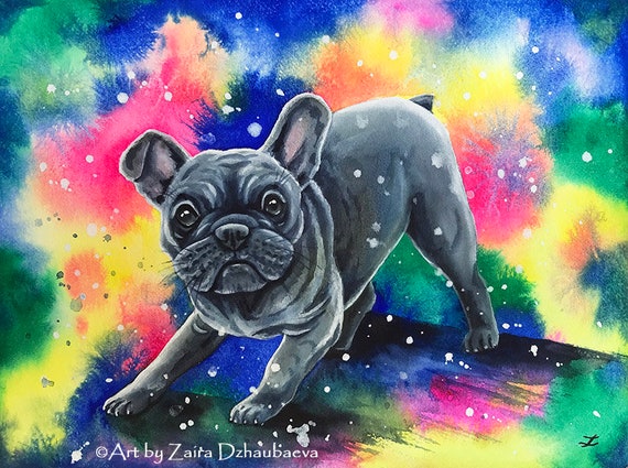 Bunte französische Bulldogge Welpe Original Aquarell Französische Bulldogge  Wandkunst Hunde Niedlich Welpe Portrait Kinderzimmer