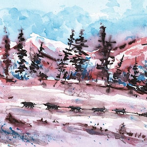 Dog Sled 11x8.5&quot; Wall Art Print Watercolor Dogs Winter Snow Nature Tundra North Siberian Husky Alaskan Malamute Purple Blue Snowy Landscape