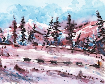 Dog Sled 11x8.5" Wall Art Print Watercolor Dogs Winter Snow Nature Tundra North Siberian Husky Alaskan Malamute Purple Blue Snowy Landscape