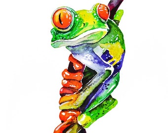 Colorful Tree Frog Wall Art Print Frog Watercolor Painting Red-eyed Tree Frogs Cute Red Green Decor Nursery Baby Kids Room Art Funny Froggy