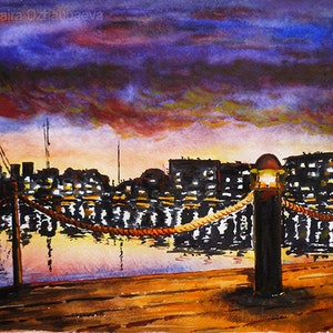Hafen Lichter am Meer - original Aquarell Gemälde - Küsten Kunst Hafen Lichter am Meer Nacht Stadtbild Dock Wandkunst