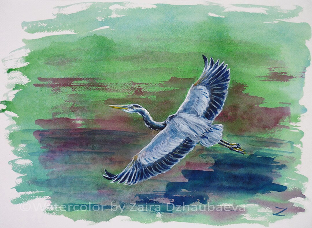 水彩画 風景画 湖畔 船 絵画 マーメイド紙 シラサギ 白サギ 白鷺