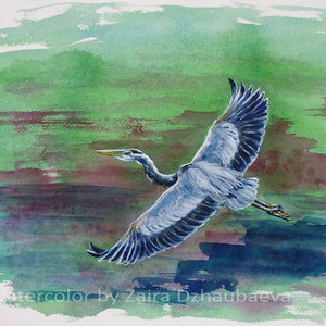 Grande garça azul voando original pintura em aquarela garças arte da parede pássaros cinza pássaro shorebird decoração de casa costeira vida selvagem natureza lago lagoa