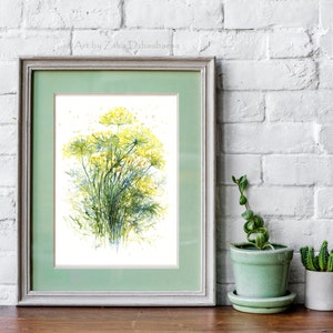 Dill Flowers Botanical Wall Art Print Herbs Kitchen Decor Yellow Green Floral Watercolor Painting Garden Farmhouse Rustic Christmas Gifts