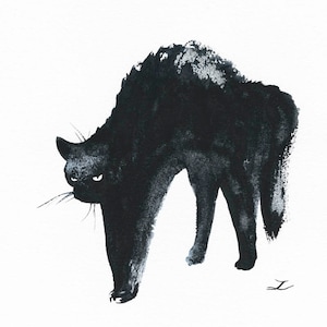Hissing Black Cat Original Watercolor Painting Halloween Art Black Cats Pets Witchy Decor Feline Gothic Minimalist Cat Eyes Angry Cat Hiss