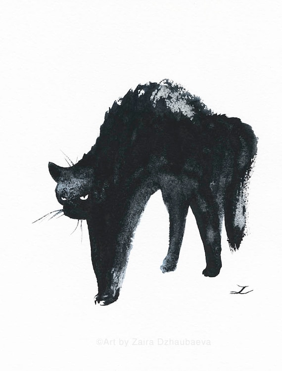 原画#3411 猫 紫陽花 雨 水彩画 ドローイング インテリア アート