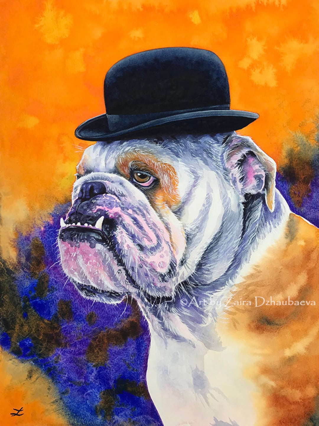 Bulldog inglese dipinto Acquerello originale Cappello Derby
