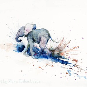 Correndo bebê elefante arte impressão elefante bezerro splatter elefante arte da parede animais selvagens bonito bebê animais berçário crianças decoração do quarto respingo