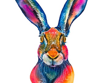 Farbenfroher Europäischer Hase Wandkunst Druck Aquarell Hase Hase Hase Malerei Wildtier Tiere kräftige Farben Kinder Rom Baby Kinderzimmer Niedliche lange Ohren Kunst