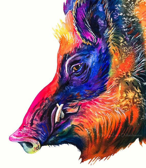 イノシシのウォールアートプリント カラフルな野生動物 野生の豚