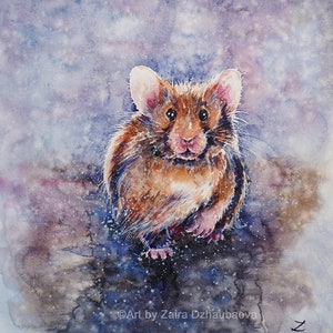Hamster Original Watercolor Painting Pet Portrait Pets Cute Small Animals Rodents Wall Art Funny Fluffy Purple and Brown Hamsters Kids Room