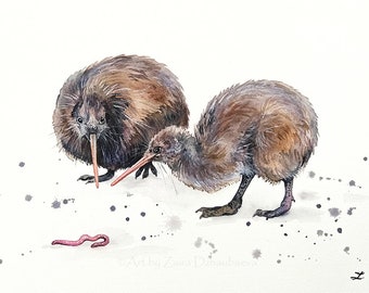 Two Kiwi Birds Original Watercolor Painting Early Bird Earthworm Funny Cute Bird Nursery Kids Room Children Flightless New Zealand Nature