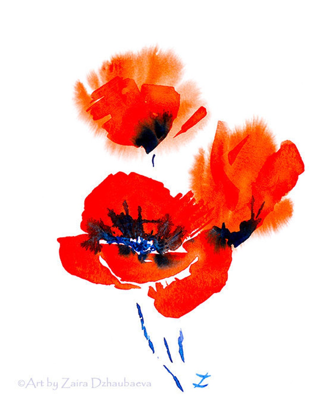 Abstract Red Watercolor Poppies Art Print Asian Poppy Wall Art Red ...