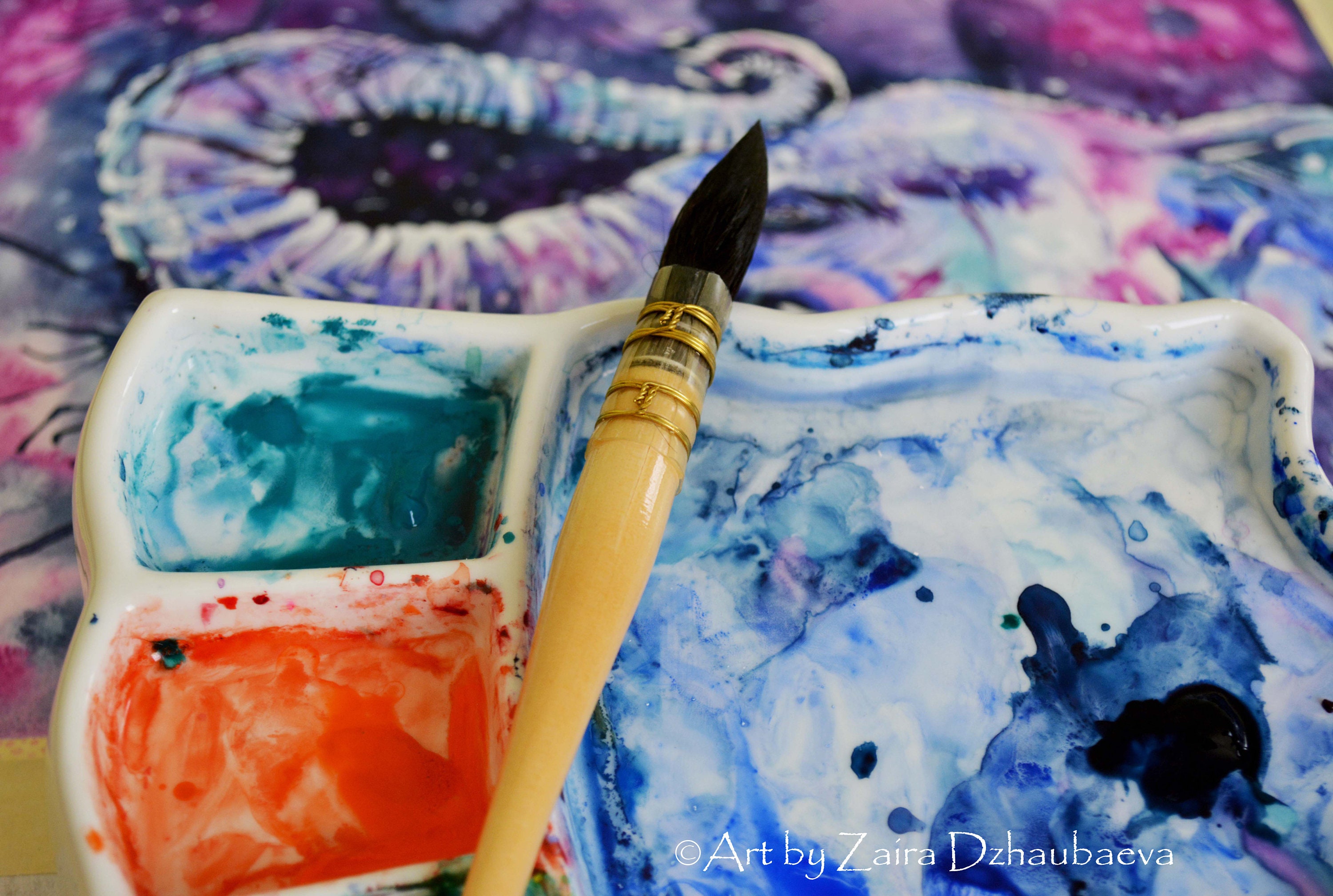 象のオリジナル水彩画 鼻を上にしたカラフルな象 幸運の象 風水象