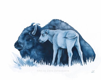 Bufalo americano con vitello Pittura ad acquerello originale Bisonte Fauna selvatica nordamericana Baby Bisonte Madre e bambino Camera per bambini Art Yellowstone