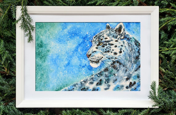 ユキヒョウ オリジナル水彩画 オンス 大型ネコ科動物 ヒョウ 壁アート