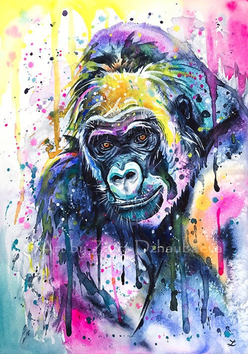 Colorful Gorilla Wall Art Print Wildlife Animals Watercolor Painting Gorillas Ape Colorful Animals Gorilla Portrait Africa Bold Colors Art 画像 1