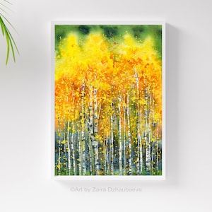 Golden Aspen Trees Wall Art Print Quaking Aspen Fall Trees Woods Autumn Forest Watercolor Trees Aspen Painting Fall Leaves Thanksgiving Art