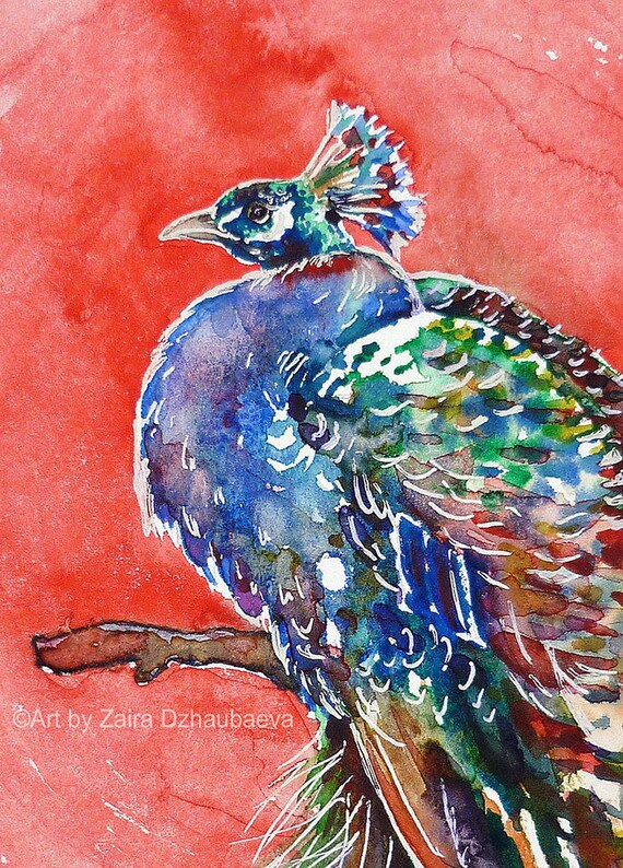カラフルな孔雀のオリジナル水彩画 孔雀の木 エキゾチックな鳥 赤と青