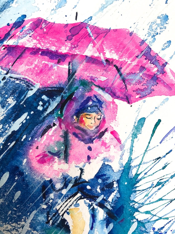 雨の中でピンクの傘をさす少女 オリジナル水彩画 雨の日 雨が降る傘