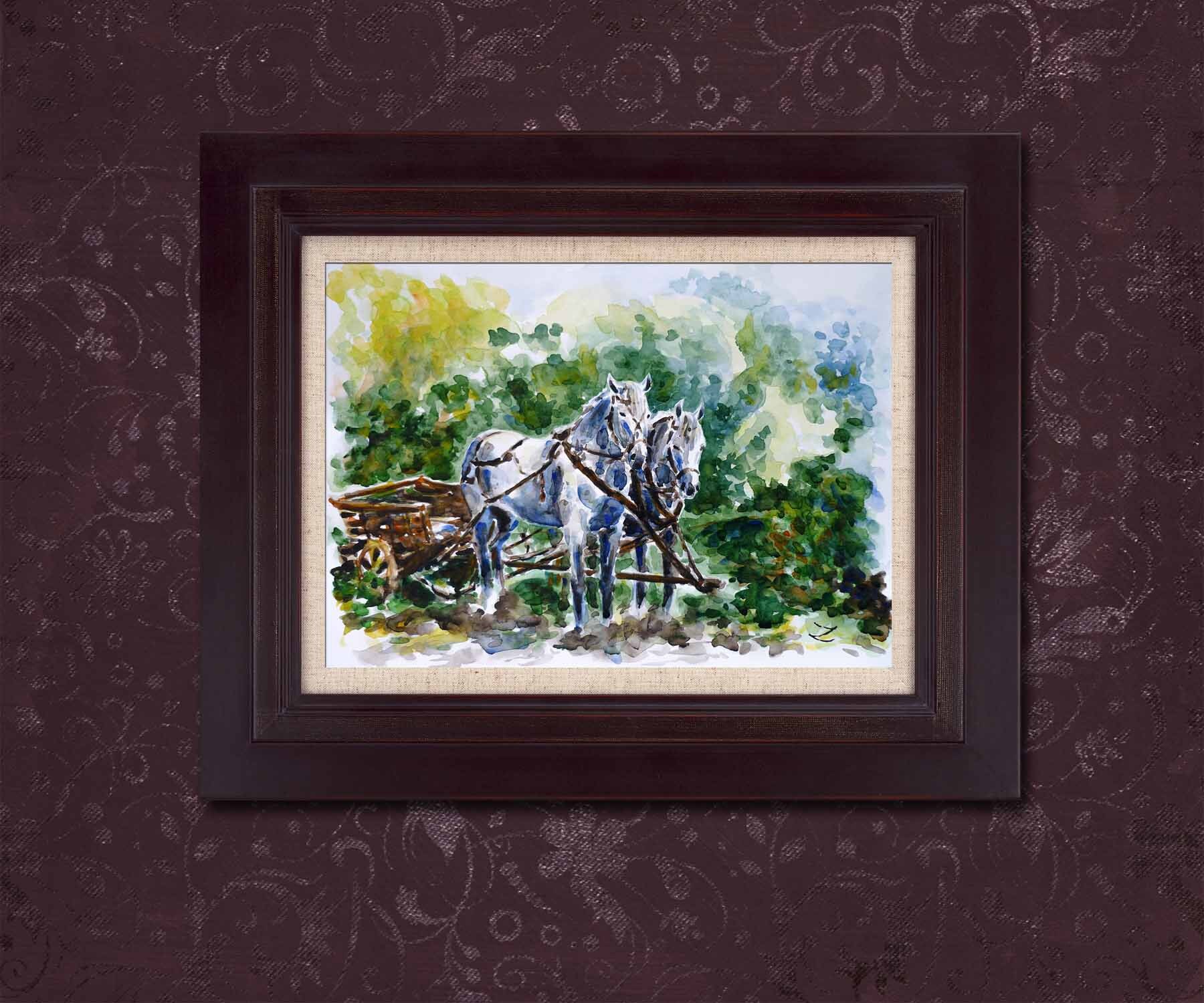 白い馬具をつけた馬のオリジナル水彩画 馬車 乗馬アート 農場 牧場