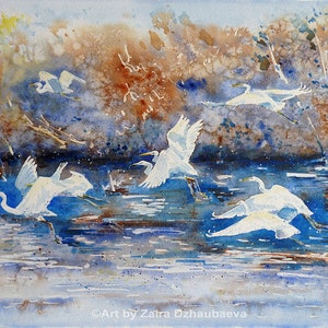 Egrets Original watercolor painting Flying Egrets White birds Wildlife Watercolor egrets Nature Water birds Lake birds Landscape with Egrets