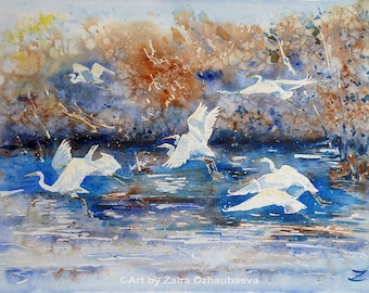 Garcetas Pintura original de acuarela Garcetas voladoras Pájaros blancos Vida salvaje Acuarela de garcetas Naturaleza Aves acuáticas Aves de lago Paisaje con garcetas