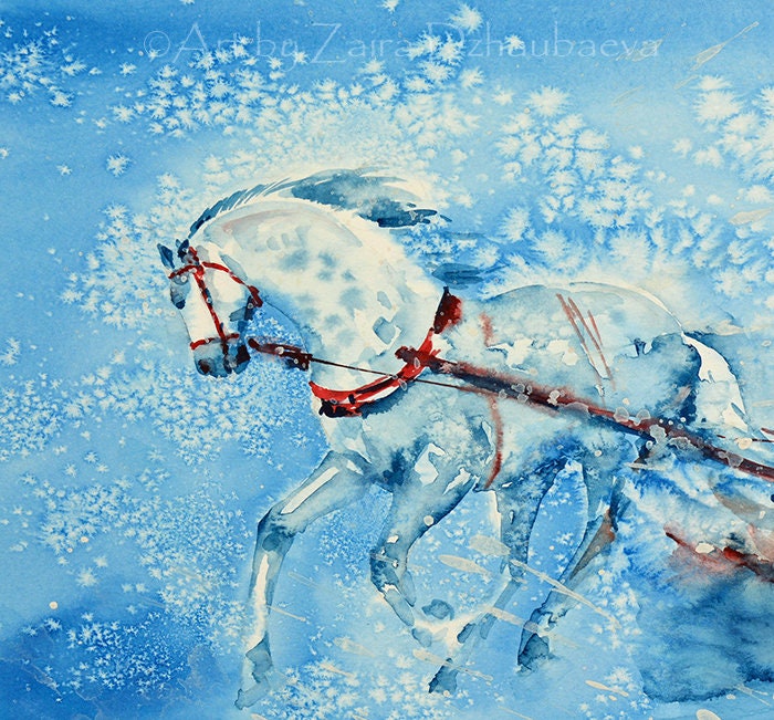 一頭の馬がそりを開けてクリスマスのアートプリント、白い馬の