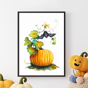 Bat and Pumpkin Halloween Watercolor Art Print Spooky Gothic Witchy Gifts Hanging Bats Fall Colors Leaves Orange Black Halloween Painting