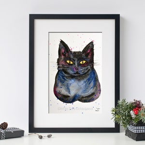 Black Cat Original Watercolor Painting Halloween Cat Black Cats Wall Art Feline Pets Cute Witchy Gifts Black Cat Portrait Black Cat Lover