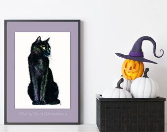 黒猫の壁アートプリント ハロウィン猫の色合い 黒猫の肖像画 座って