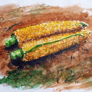 Corn painting Original still life watercolor wall art Food art Yellow and green art Corn cobs on the table Farm Country Rustic Thanksgiving