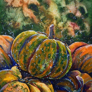 Pumpkin Original Watercolor Painting Pumpkins Thanksgiving Halloween Green and Orange Vegetables Food Pumpkin Miniature Artwork Wall Art
