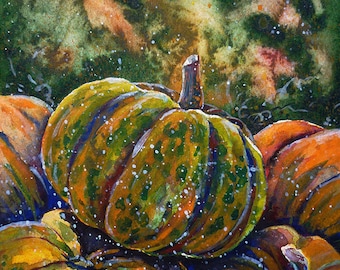 May include: A watercolor painting of four pumpkins, one green, one orange, and two yellow-orange. The pumpkins are arranged in a pile, with the green pumpkin on top. The background is a blurry green and orange watercolor wash.