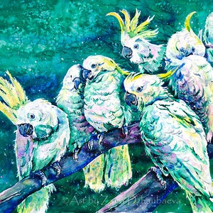 White Cockatoos Wall Art print Cockatoo Watercolor Painting Yellow-crested Cockatoo Umbrella Cockatoo Parrots Colorful Australia Wildlife
