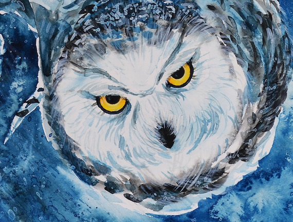 空飛ぶシロフクロウ オリジナル水彩画 猛禽類 シロフクロウ 壁アート
