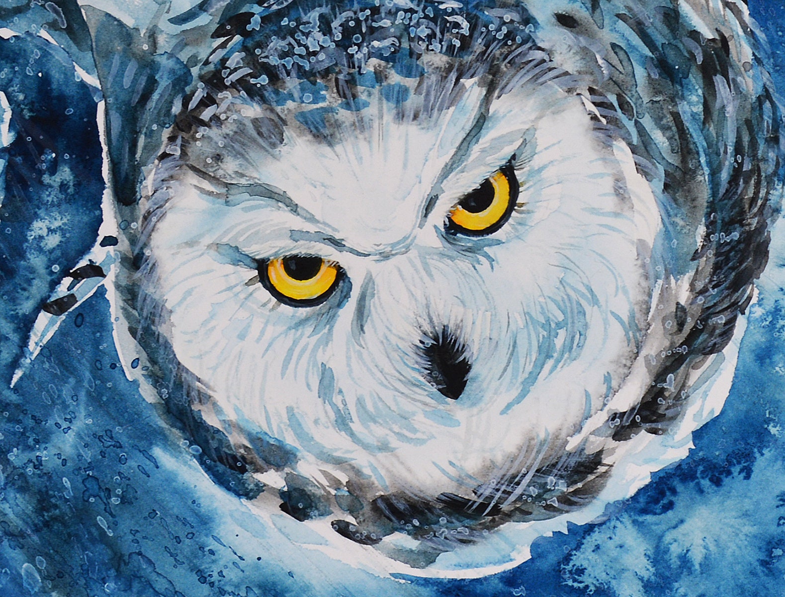 空飛ぶシロフクロウ オリジナル水彩画 猛禽類 シロフクロウ 壁アート