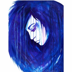 Blue Female Portrait Original Watercolor Painting Romantic Girl Wall Art Long Blue Hair Face Lips Eyelashes Beauty Rain Paint Drips Modern