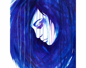 Female Portrait Art Print Woman with Blue Hair Lady Rain Romantic Watercolor Painting Face Lips Eyelashes Beauty Girl Paint Drips Purple Art