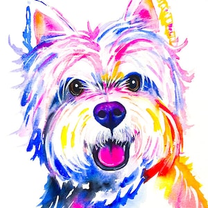 Colorful Westie Art Print West Highland White Terrier Portrait Dog Pets Dogs Scottish Watercolor Happy Puppy Bold Bright Colors Smiling Dog