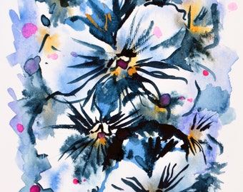 Blue Splash Garden Pansies - 4.5 x 6.8" - Original Small Floral Watercolor Painting
