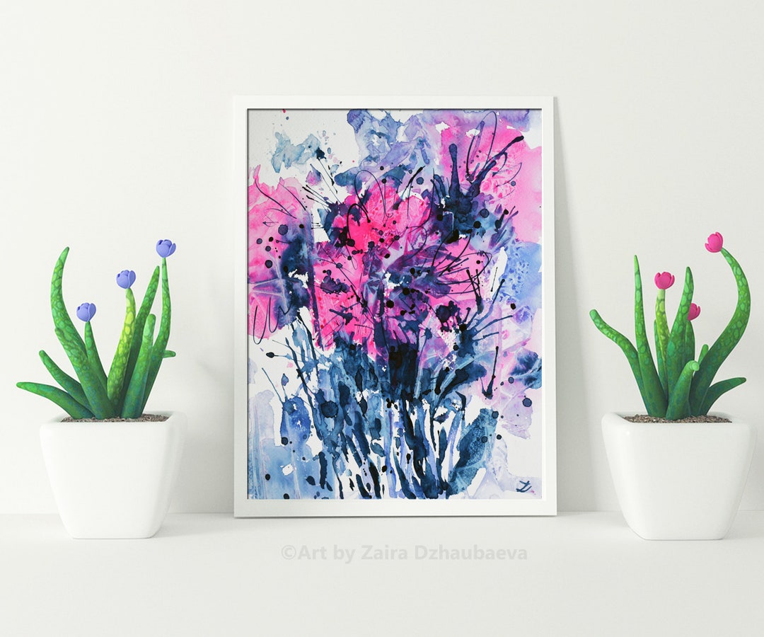 Pink and Blue Abstract Flowers Original Watercolor Painting Floral Wall ...