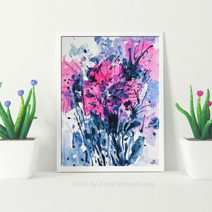 Pink and blue Abstract Flowers Original watercolor painting Floral wall art Flowers Pink and Purple flowers Garden Watercolor flowers Modern