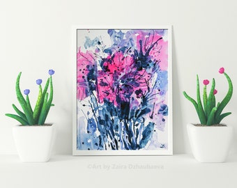Pink and blue Abstract Flowers Original watercolor painting Floral wall art Flowers Pink and Purple flowers Garden Watercolor flowers Modern