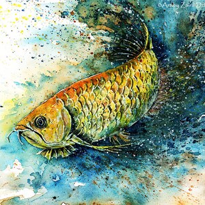 Arowana Fish Art Print Golden Dragon Fish Asian Arowana Good Fortune Feng Shui Wealth Luck Success Art Asian Bonytongue Scleropages Formosus