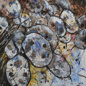 Penny d'argento Originale Mixed Media Pittura Annuale Onestà Pianta Arte Honesty Seeds Floral Botanical Art Silver Dollars Acquerello Artwork