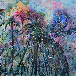 May include: A watercolour painting depicting two blue monkeys perched on a branch within a jungle environment. The background is a vibrant blend of pink, purple, and blue tones with splashes of white and yellow. The monkeys gaze upwards towards the light blue sky.