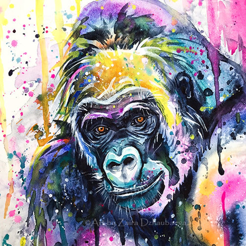 Colorful Gorilla Wall Art Print Wildlife Animals Watercolor Painting Gorillas Ape Colorful Animals Gorilla Portrait Africa Bold Colors Art 画像 3